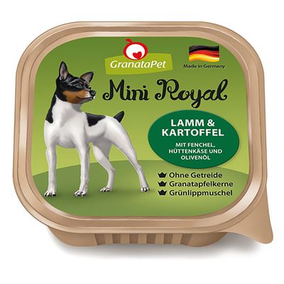 GranataPet Mini Royal jahňacie a zemiaky. S feniklom, tvarohom a olivovým olejom. Bez obilnín, granátových jadier, zelenoústych mušlí. Vyrobené v Nemecku.