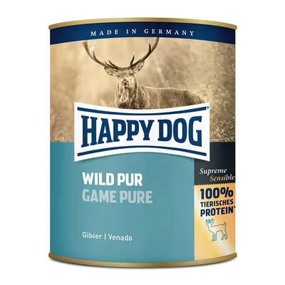 HAPPY DOG Wild Pur Game Pure tin, Made in Germany, Supreme Sensible, 100% tierisches Protein, Gibier, Venado. Image of a stag on the label.