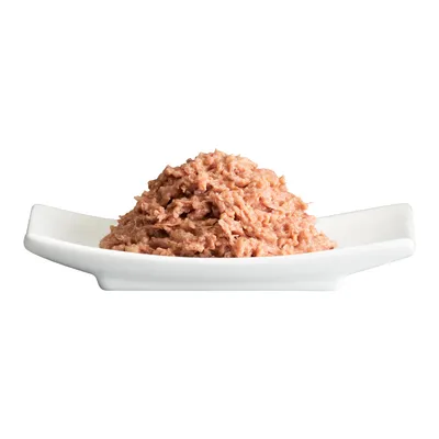 Pâtée pour animaux servie sur une assiette blanche rectangulaire, texture effilochée rose-brun visible, sans marque ni texte apparent.