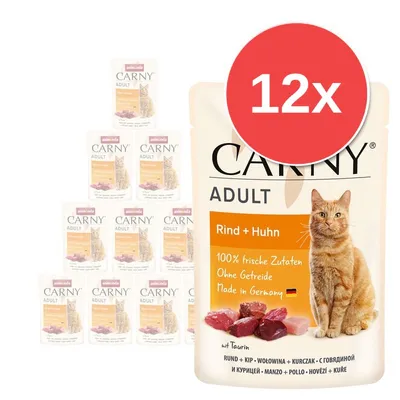 Animonda Carny Adult Rind + Huhn, 12× kapsička, 100% frische Zutaten, Ohne Getreide, Made in Germany, hovězí a kuře, obrázek kočky a masa na obalu.