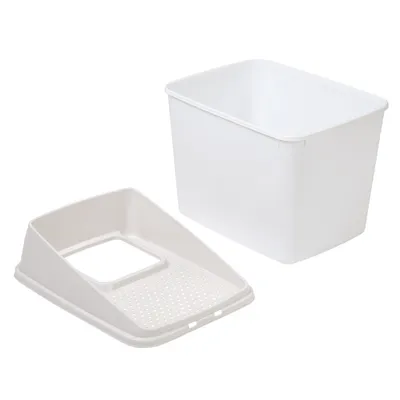 Witte kattenbak met afneembare zeefinzet, rechthoekige vorm.