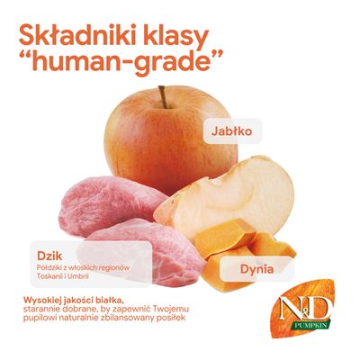 Składniki w jakości spożywczej: jabłka, dziczyzna z Toskanii i Umbrii, dynia. Wysokiej jakości białko dla zbilansowanego posiłku. Marka N&D Pumpkin.