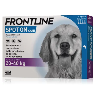 FRONTLINE Spot On cani, trattamento e prevenzione infestazioni da zecche, pulci e pidocchi, per cani grandi 20–40 kg, 4 pipette da 2,68 ml. Merial.
