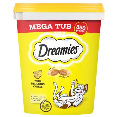Dreamies MEGA TUB 350 grams, fromage délicieux, vitamines et minéraux, seulement 2 kcal par friandise, boîte résistante aux griffes, intérieur tendre extérieur croustillant.