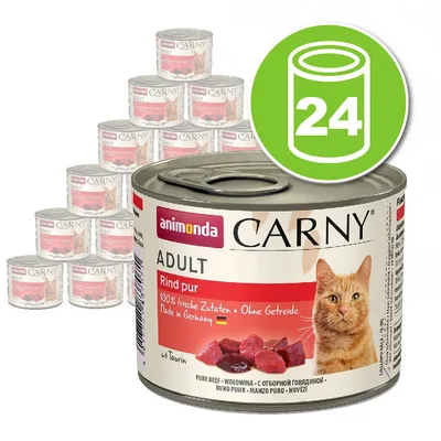 Lot de 24 boîtes animonda Carny ADULT Rind pur, 100 % frische Zutaten, Ohne Getreide, Made in Germany, avec image de viande et chat sur l’étiquette.