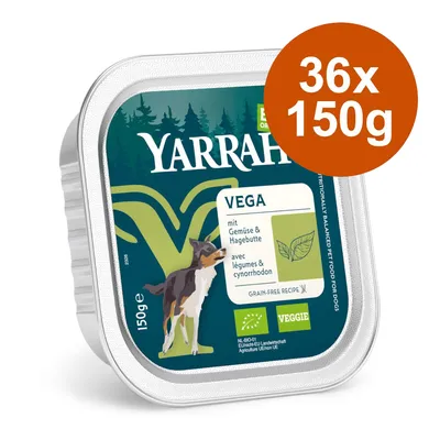 Yarrah Vega økologisk vådfoder med grøntsager og hyben, 36x150g, kornfri opskrift, EU-økologicertifikat NL-BIO-01, Veggie-mærke.