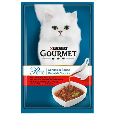 Purina Gourmet Perle cat food pouch, white cat image, visible text: Genuss in Sauce, Régal de Sauces, mit Rind in einer Sauce, au bœuf, dans une sauce saveur rôti de bœuf.