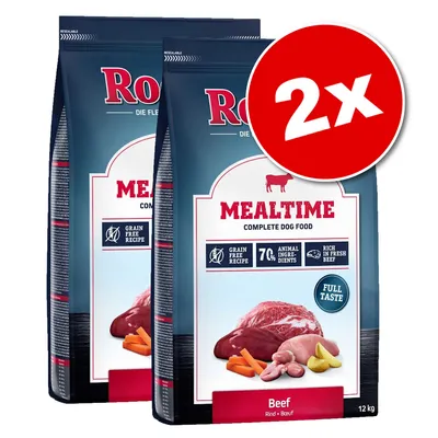 Lot de 2 sacs Mealtime Complete Dog Food Beef 12 kg, recette sans céréales, 7 % ingrédients animaux, riche en bœuf frais. Visuels de viande, carottes et pommes de terre sur l’emballage.