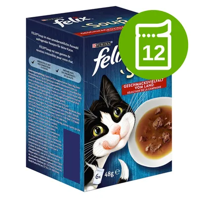 Balení Felix Soup, 6×48 g, Geschmacksvielfalt vom Land. Ikona s číslem 12 na zeleném pozadí v pravém horním rohu obalu. Balení Felix Soup, 6×48 g, Geschmacksvielfalt vom Land. Ikona s číslem 12 na zeleném pozadí v pravém horním rohu obalu.