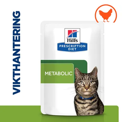 Hill's Prescription Diet Metabolic våtfoder för katt, texten 'Vikthantering' och en orange siluett av en höna syns på bilden. Hill's Prescription Diet Metabolic våtfoder för katt, texten 'Vikthantering' och en orange siluett av en höna syns på bilden.