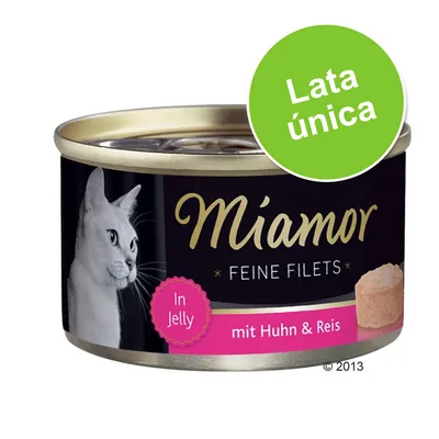 Miamor Feine Filets In Jelly mit Huhn & Reis, lata única. Imagen de una lata de comida para gatos con foto de un gato y texto en alemán e inglés en la etiqueta. Miamor Feine Filets In Jelly mit Huhn & Reis, lata única. Imagen de una lata de comida para gatos con foto de un gato y texto en alemán e inglés en la etiqueta.