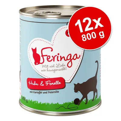 Feringa Huhn & Forelle, 12×800 g. Text na obale: Mit viel Liebe wie hausgemacht!, mit Kartoffel und Petersilie. Ilustrácia mačky a klbka. Text v nemčine.