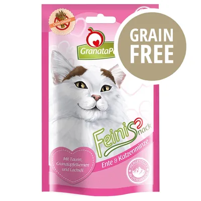 GranataPet Feinis Snack Ente & Katzenminze, senza cereali, con taurina, semi di melograno e olio di salmone. Testo in tedesco: GRAIN FREE, Mit Taurin, Granatapfelkernen und Lachsöl.