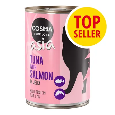 Cosma Pure Love Asia Tuna with Salmon in Jelly, multi protein pure fish. Etichetta gialla con testo: TOP SELLER.