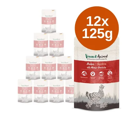 Venandi Animal Premium Katzenfutter Huhn als Mono-Protein, 12 x 125 g tasakos macskaeledel csomagolásban, látható főbb jellemzőkkel német és angol nyelven.