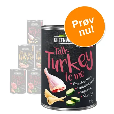 Greenwoods dåsefoder med teksten 'Talk Turkey to me', billede af kalkunlår, pastinak og squash. Orange cirkel med teksten 'Prøv nu!'. Andre varianter synlige i baggrunden. Greenwoods dåsefoder med teksten 'Talk Turkey to me', billede af kalkunlår, pastinak og squash. Orange cirkel med teksten 'Prøv nu!'. Andre varianter synlige i baggrunden.