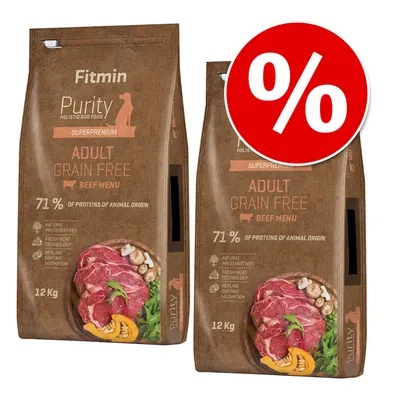 Fitmin Purity Adult Grain Free Beef Menu, 71 % of proteins of animal origin, 12 kg. To poser med rødt procenttegn for tilbud. Synligt oksekød og grøntsager på emballagen.