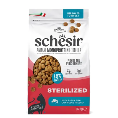 Schesir Animal Monoprotein Formula Sterilized, 1,5 kg, 38% proteine, pesce come ingrediente principale, povero di grassi, senza cereali, con pesce fresco, prodotto in Italia. Schesir Animal Monoprotein Formula Sterilized, 1,5 kg, 38% proteine, pesce come ingrediente principale, povero di grassi, senza cereali, con pesce fresco, prodotto in Italia.