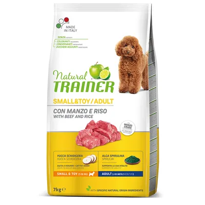 Natural Trainer Small & Toy/Adult hundefoder med oksekød og ris, Made in Italy, uden tilsat sukker, med Yucca Schidigera og spirulina. Til hunde 1-10 kg eller over 10 måneder. Pakke 7 kg.