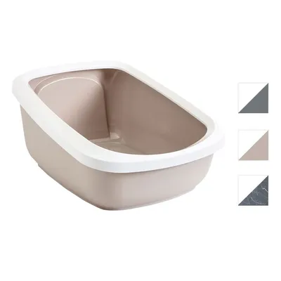 Bac à litière ouvert en plastique beige avec rebord blanc, trois options de couleurs visibles à droite : gris, beige et marbré foncé.