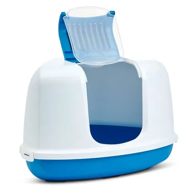 Maison de toilette pour chat en plastique blanc et bleu, porte battante transparente relevée, entrée large à l’avant, sans marque visible.