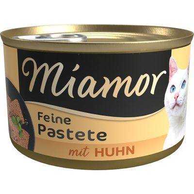 Miamor Feine Pastete mit Huhn, afbeelding van kattenvoerblik met witte kat en tekst in het Duits op het etiket.