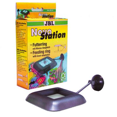 JBL NovoStation, anel de alimentação com adaptação de nível. Embalagem mostra o produto e texto em alemão e inglês: Feeding ring with level-adaptation. Inclui ventosa visível.