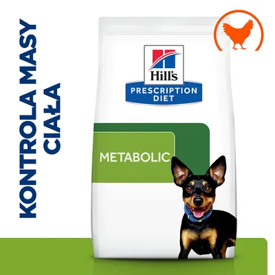 Hill's Prescription Diet Metabolic karma dla psów, kontrola masy ciała, widoczny symbol kurczaka, napis METABOLIC na opakowaniu.