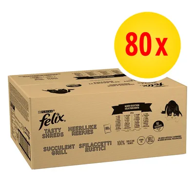 Caja de Purina Felix Tasty Shreds, selección mixta, 80 unidades. Texto visible: '100% complete and balanced', sin colorantes ni conservantes artificiales añadidos.