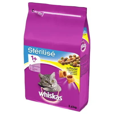 Whiskas Stérilisé 1+ An, au Poulet, 3,6 kg. Kuvassa kissanruokapakkaus, jossa harmaa kissa ja täytettyjä nappuloita. Teksti ranskaksi. Whiskas Stérilisé 1+ An, au Poulet, 3,6 kg. Kuvassa kissanruokapakkaus, jossa harmaa kissa ja täytettyjä nappuloita. Teksti ranskaksi.