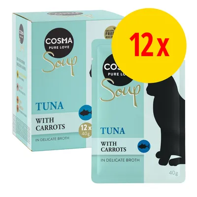 Cosma Pure Love Soup, tonnikala ja porkkana, 12 x 40 g annospussit. Pakkaus ja yksittäinen pussi näkyvissä. Teksti: grain free recipe, in delicate broth.