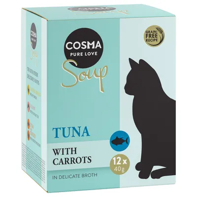 Opakowanie Cosma Pure Love Soup, Tuna with Carrots, 12 x 40 g, in delicate broth, Grain Free Recipe. Sylwetka kota i grafika tuńczyka widoczne na froncie.