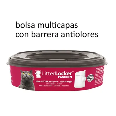 Texto em espanhol: bolsa multicapas con barrera antiolores. LitterLocker FASHION Nachfüllkassette Recharge, imagem de um gato e ilustração de recarga para caixa de areia.