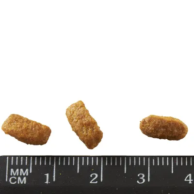 Tri granule krmiva pre domáce zvieratá vedľa pravítka s milimetrovou stupnicou, dĺžka granúl približne 1,5–2 cm.