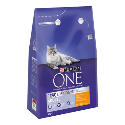 Purina ONE Bifensis Dual Defence Adulte cat food, 3kg bag with image of a grey tabby cat. Visible text includes 'élaboré avec poulet sélectionné et aux céréales complètes'. Purina ONE Bifensis Dual Defence Adulte cat food, 3kg bag with image of a grey tabby cat. Visible text includes 'élaboré avec poulet sélectionné et aux céréales complètes'.