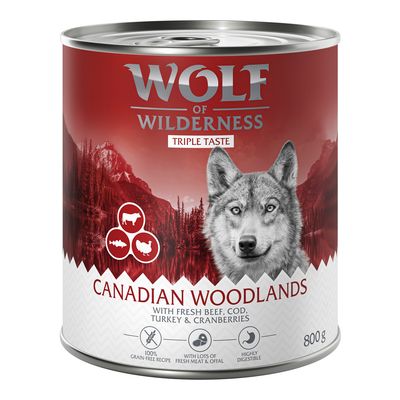 Wolf of Wilderness, The Taste of Canada, 100% kornfri opskrift med frisk oksekød, torsk, kalkun og tranebær, 800 g dåse.