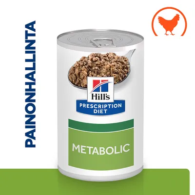 Hill's Prescription Diet Metabolic -märkäruokapurkki, etiketeissä tekstit METABOLIC ja PAINONHALLINTA sekä oranssi kanan siluetti yläkulmassa.