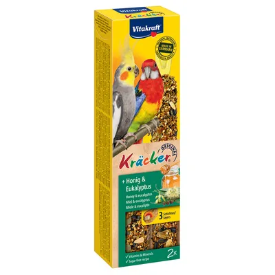 Vitakraft Kräcker Original pour oiseaux, miel & eucalyptus, 2x bâtonnets, vitamines et minéraux, sans sucre, mention Made in Germany, image de deux oiseaux sur la boîte.