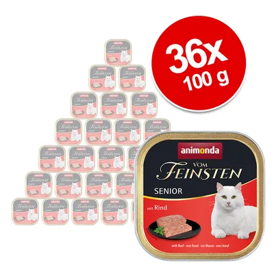 Animonda Vom Feinsten Senior s hovädzím, 36x100g. Mokré krmivo pre staršie mačky, balenie zobrazuje bielu mačku a kus mäsa na červenom pozadí.