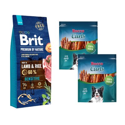 10 zł taniej! Brit karma sucha dla psa, 12 / 15 kg + Rocco Curls, kaczka, 400 g Sensitive, jagnięcina