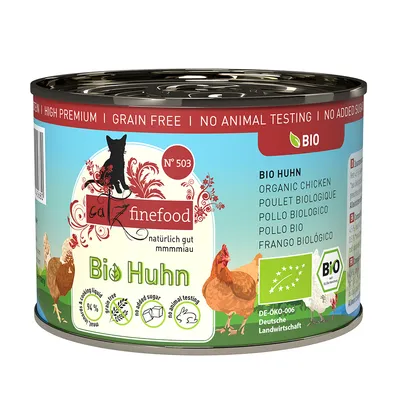 Catz Finefood Bio chicken, DE-ÖKO-006, German agriculture, no added sugar, no animal suffering, grain-free, 94% meat content, organic certificate visible.