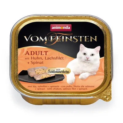 Conservă animonda Vom Feinsten ADULT cu pui, file de somon și spanac, mit Schlemmerkern. Imaginea arată produsul și o felie de hrană pe farfurie.