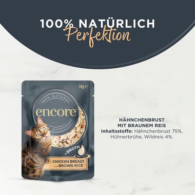 Encore in Broth, Hähnchenbrustfilet mit Naturreis, 100% natürliche Zutaten, 70g. Verpackung zeigt Produkt und Katze.