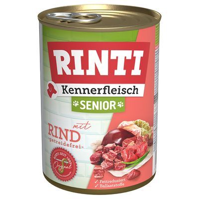 Blik Rinti Kennerfleisch Senior met rund, getreidefrei, fettreduziert, ballaststoffe. Op het etiket: stukken rundvlees, lever en groente zichtbaar. Duitse tekst op verpakking.