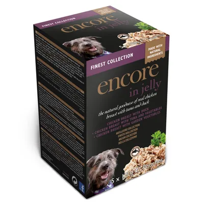 Encore in Jelly Finest Collection. Kurczak z tuńczykiem, kaczka i warzywa. 5 x 100g saszetek. Wyprodukowane z naturalnych składników.