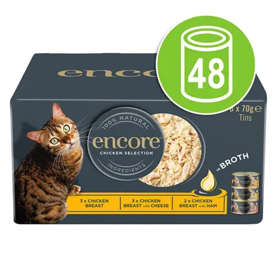 Encore chicken selection, 48 tins. Includes 3 chicken breast, 3 chicken breast with cheese, and 2 chicken breast with ham in broth. 100% natural ingredients.