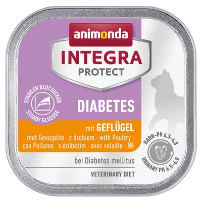 Animonda Integra Protect Diabetes s drůbežím. Stabilizovaná hladina cukru v krvi, močové pH 6,5–6,8. Při diabetes mellitus. Veterinary Diet.