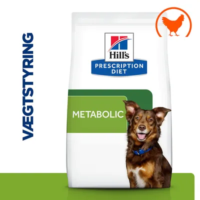 Hill's Prescription Diet Metabolic hundefoder, tekst: VÆGTSTYRING, billede af kyllingesymbol og hund foran posen