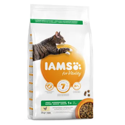 IAMS for Vitality Adult Cats 1+ kuivaruoka, tuore kana, 3 kg. Pakkauksessa kuva kissasta ja ruokakupista. Teksti: 87 % eläinproteiinia, tukee 7 elintoimintoa.