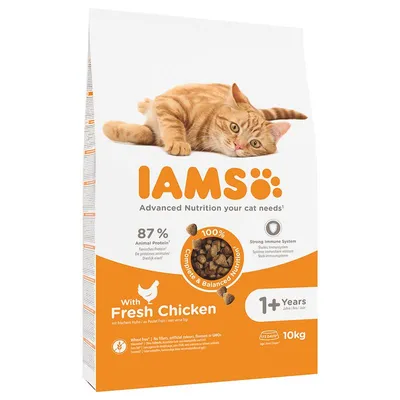 IAMS Katzenfutter mit frischem Huhn, 87% tierisches Protein, starkes Immunsystem, 100% ausgewogene Ernährung, für Katzen ab 1 Jahr, weizenfrei, 10kg Packung.
